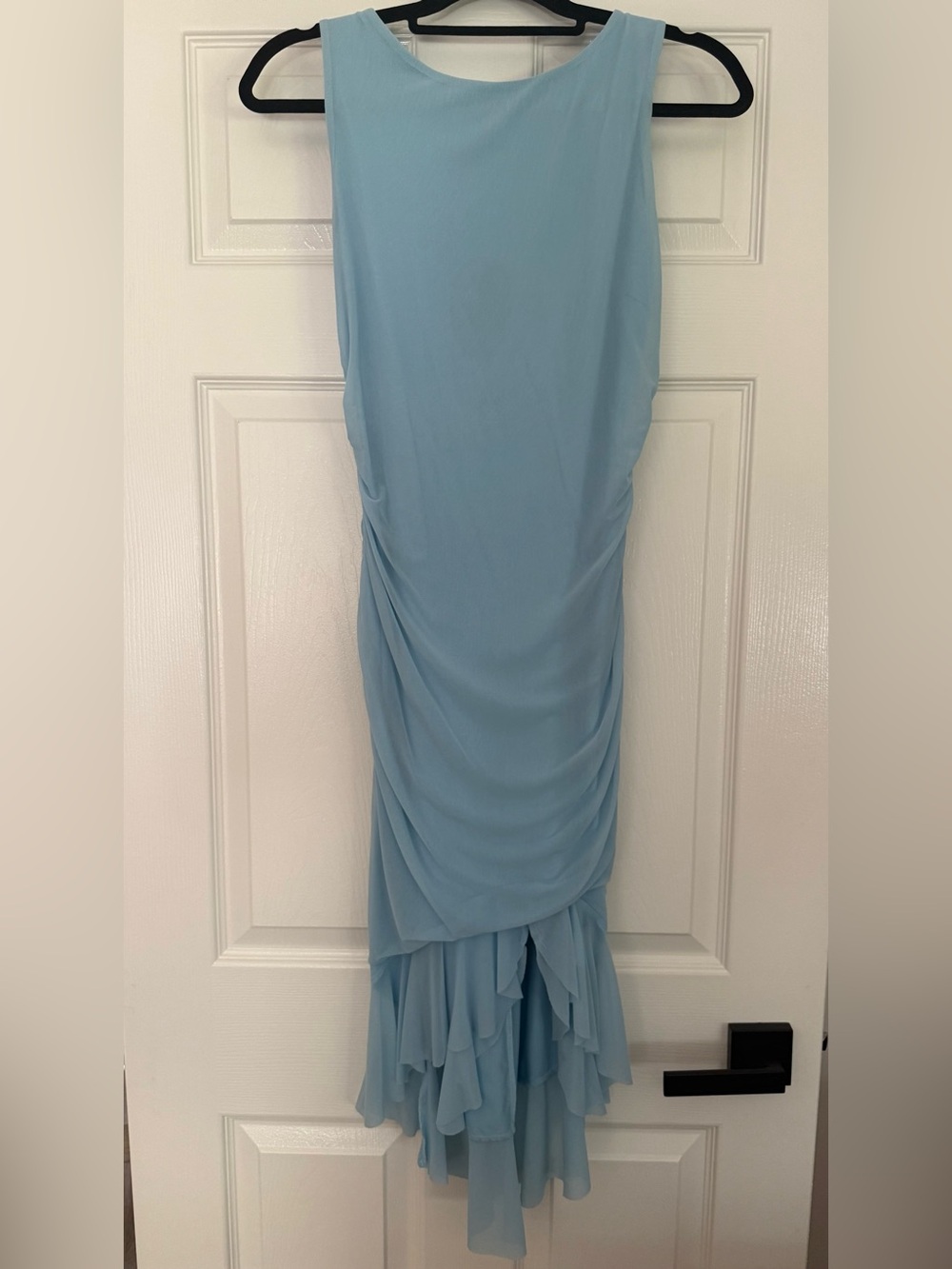 Light Blue Sleeveless Ruched Midi Dress with Layered Hem